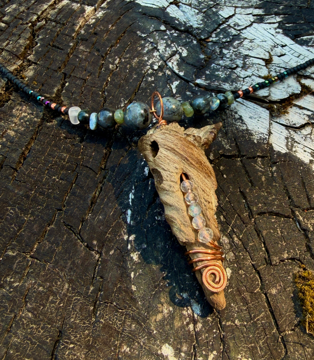 Labradorite & Copper Beaded Drape Necklace with Driftwood Pendant — Handmade