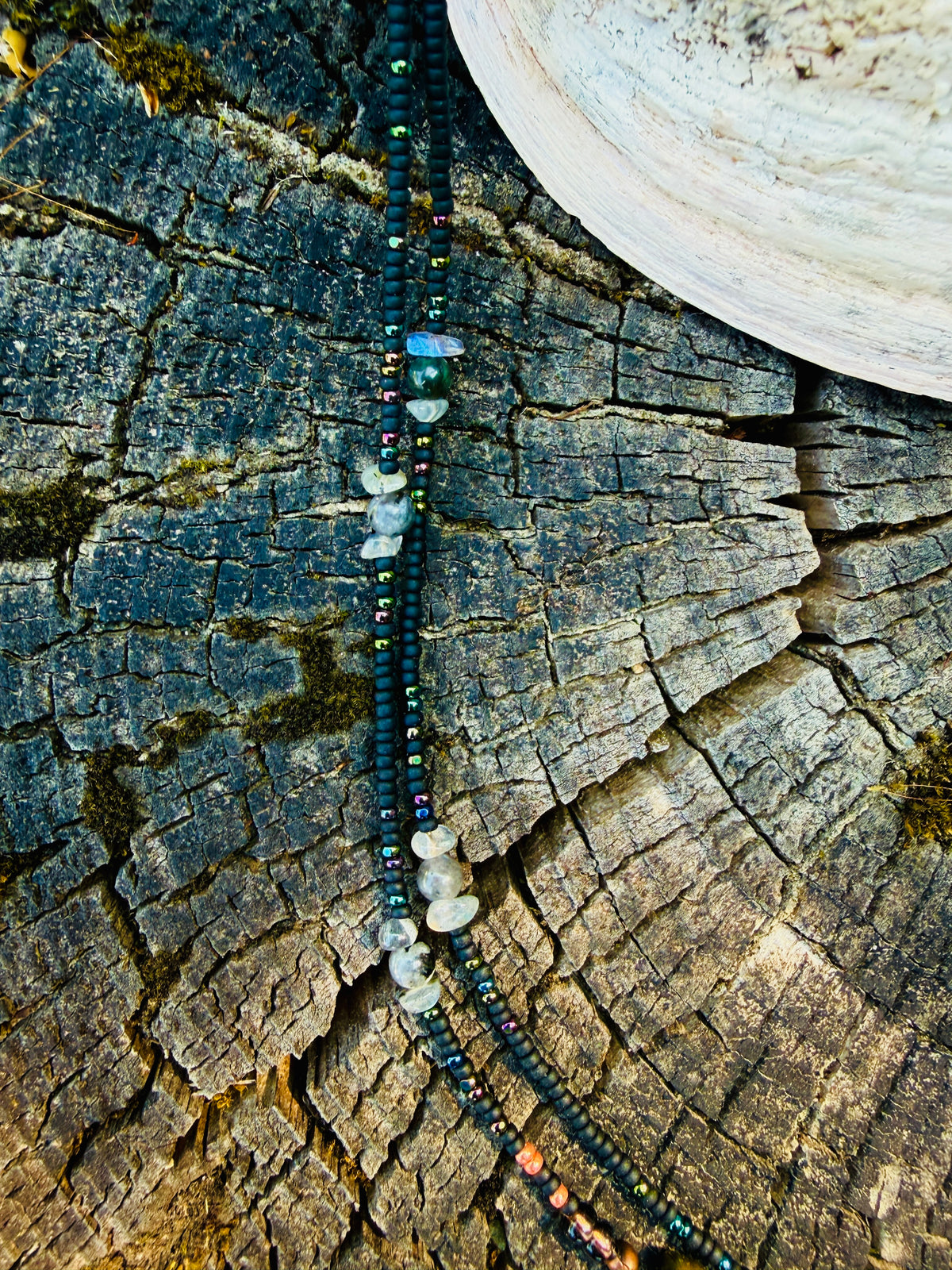 Labradorite & Copper Beaded Drape Necklace with Driftwood Pendant — Handmade