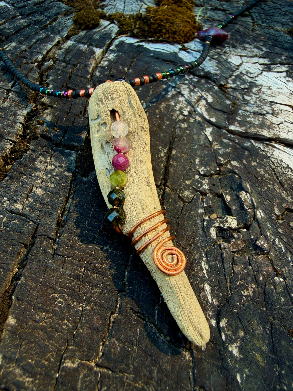Wild Current | Tourmaline & Copper Beaded Drape Necklace with Driftwood Pendant — Handmade