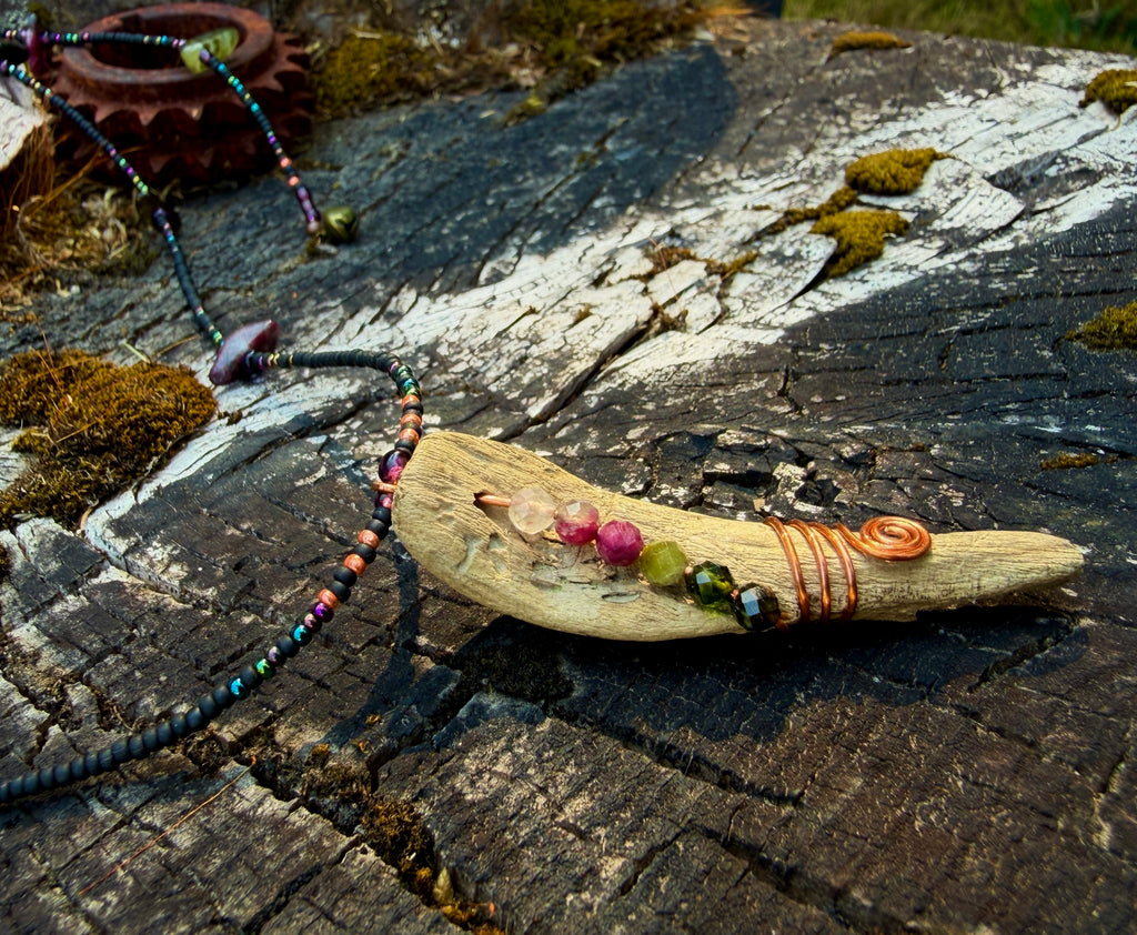 Wild Current | Tourmaline & Copper Beaded Drape Necklace with Driftwood Pendant — Handmade