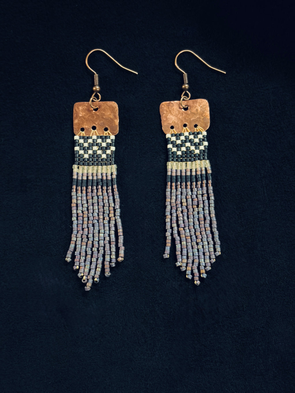 Violet Skies Storm Cloud Purple Copper Basket Weave Fringe Earrings — Handmade Delica Beadwork