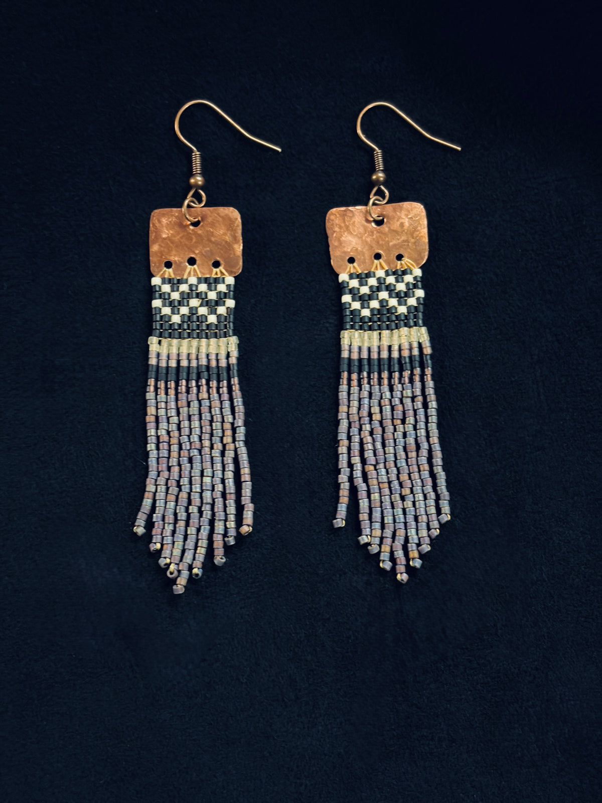 Violet Skies Storm Cloud Purple Copper Basket Weave Fringe Earrings — Handmade Delica Beadwork