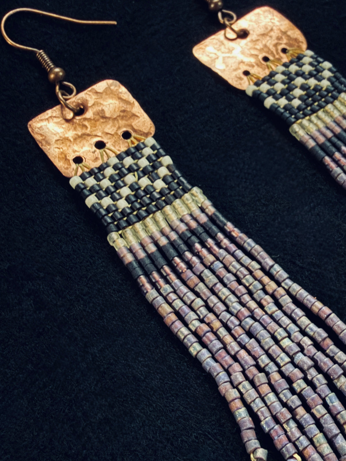 Violet Skies Storm Cloud Purple Copper Basket Weave Fringe Earrings — Handmade Delica Beadwork