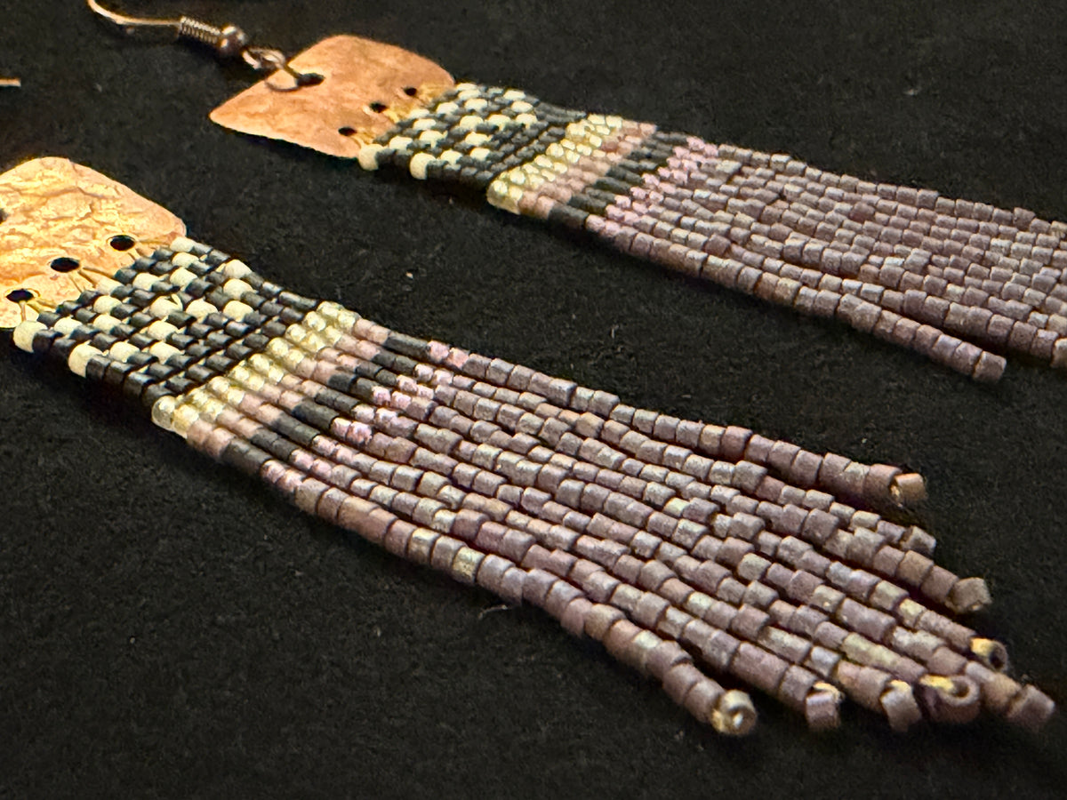 Violet Skies Storm Cloud Purple Copper Basket Weave Fringe Earrings — Handmade Delica Beadwork