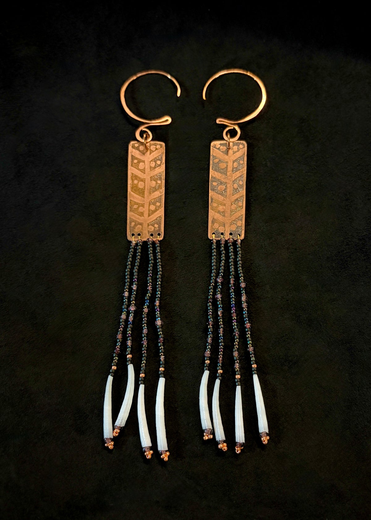Nocturne | Etched Copper & Dentalium Beaded Fringe Earrings | Thorn