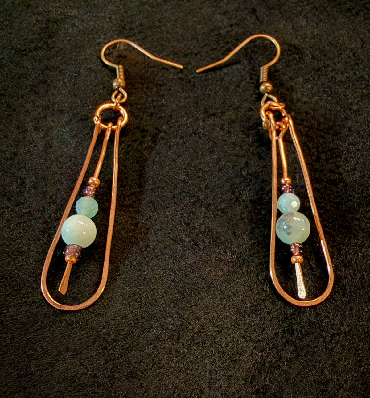 Handmade Copper & Amazonite Drop Earrings with Antique Glass Beads