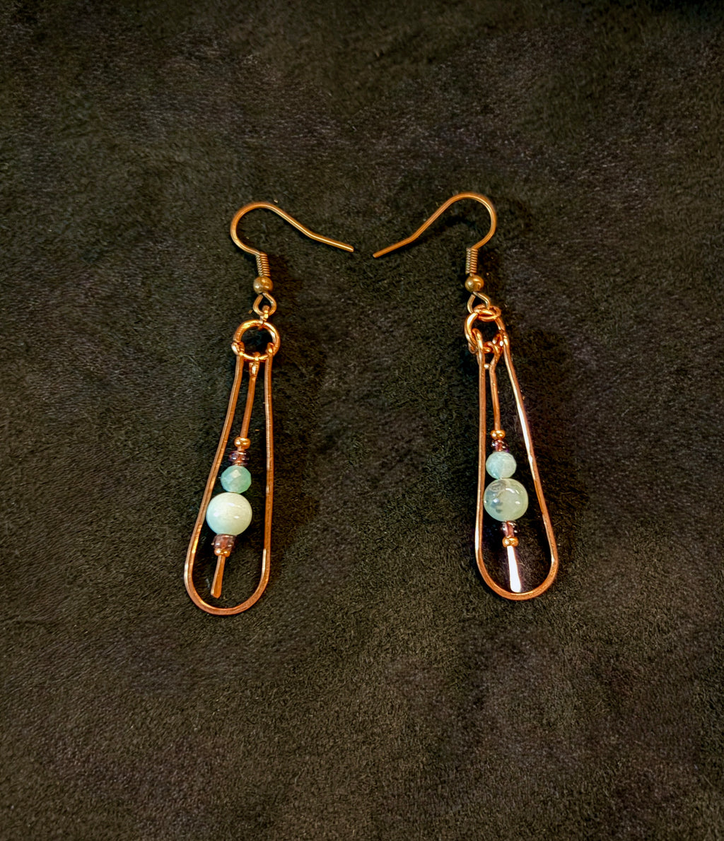Handmade Copper & Amazonite Drop Earrings with Antique Glass Beads