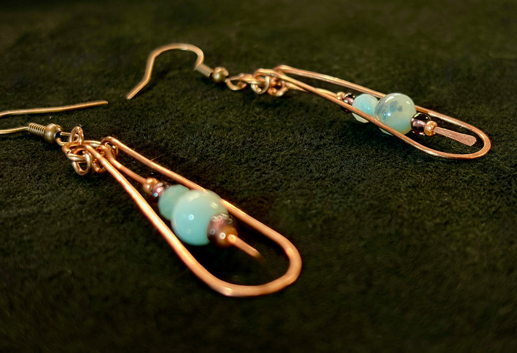 Handmade Copper & Amazonite Drop Earrings with Antique Glass Beads