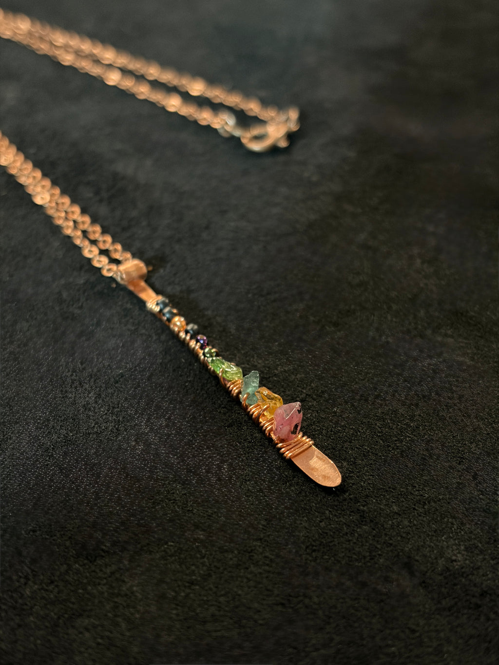 Hammered Copper & Grade A Tourmaline Pendant on Copper Chain Necklace — Handmade