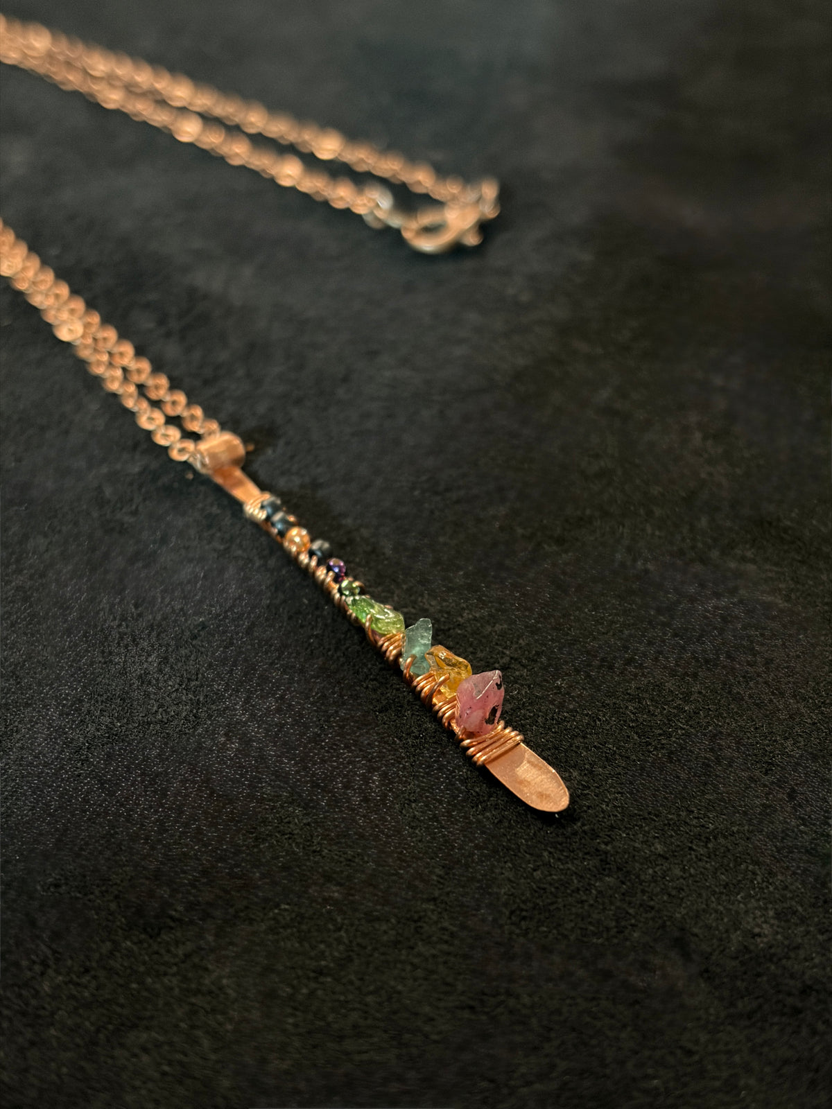 Hammered Copper & Grade A Tourmaline Pendant on Copper Chain Necklace — Handmade