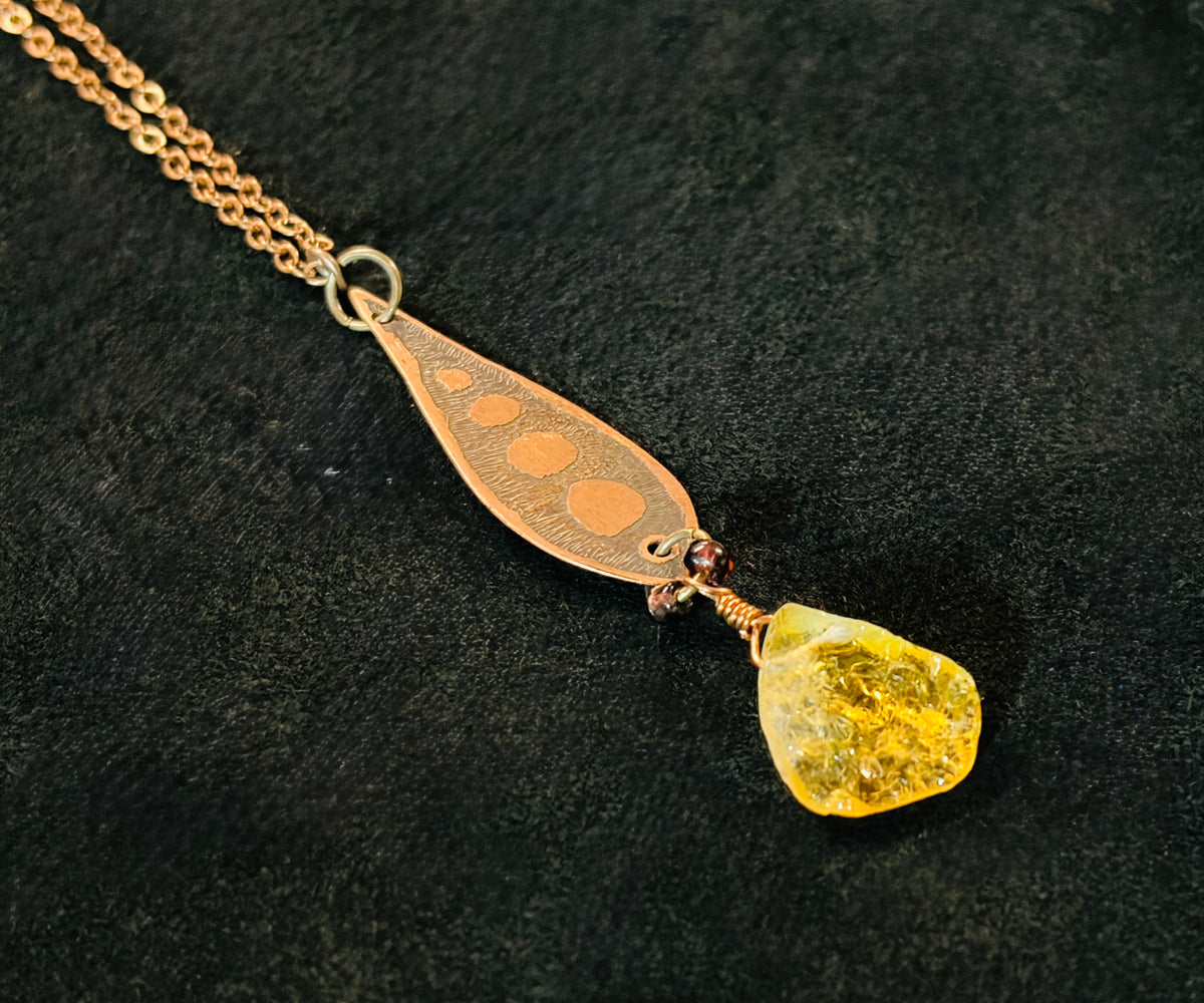 Ember Relic | Etched Copper Pendant Necklace with Raw Citrine — Handmade Artisan Jewelry