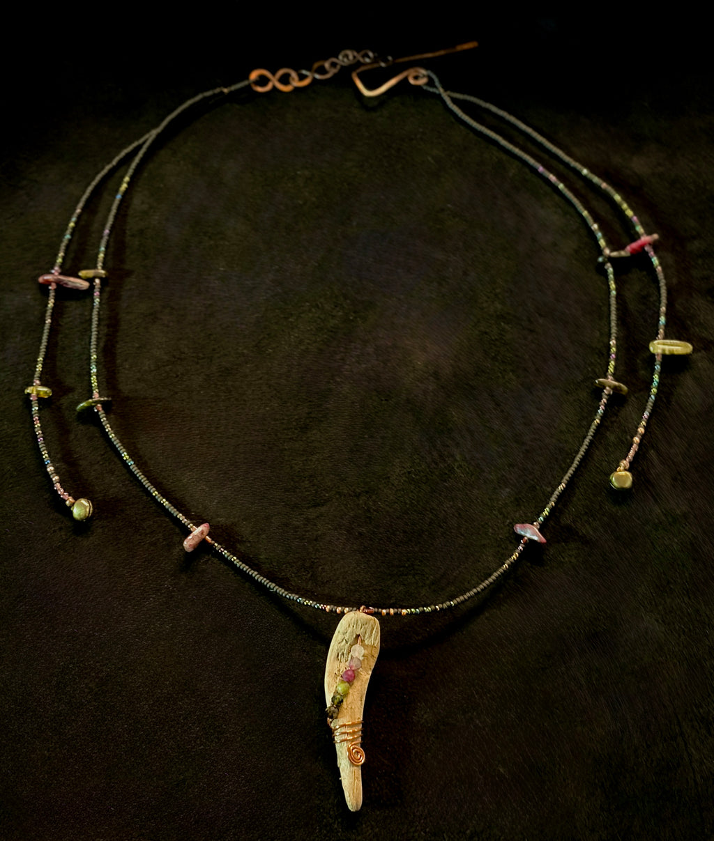 Wild Current | Tourmaline & Copper Beaded Drape Necklace with Driftwood Pendant — Handmade