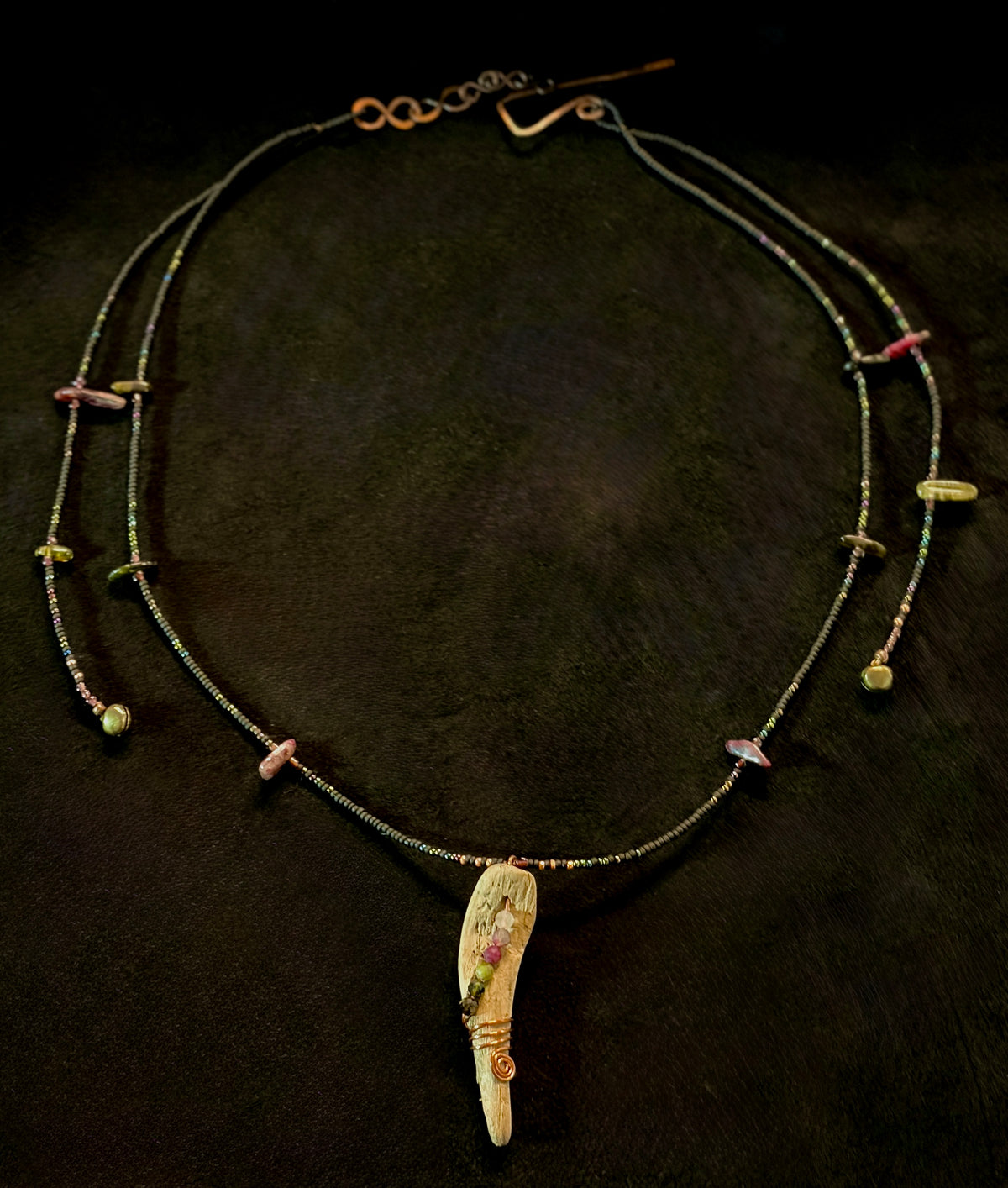 Wild Current | Tourmaline & Copper Beaded Drape Necklace with Driftwood Pendant — Handmade