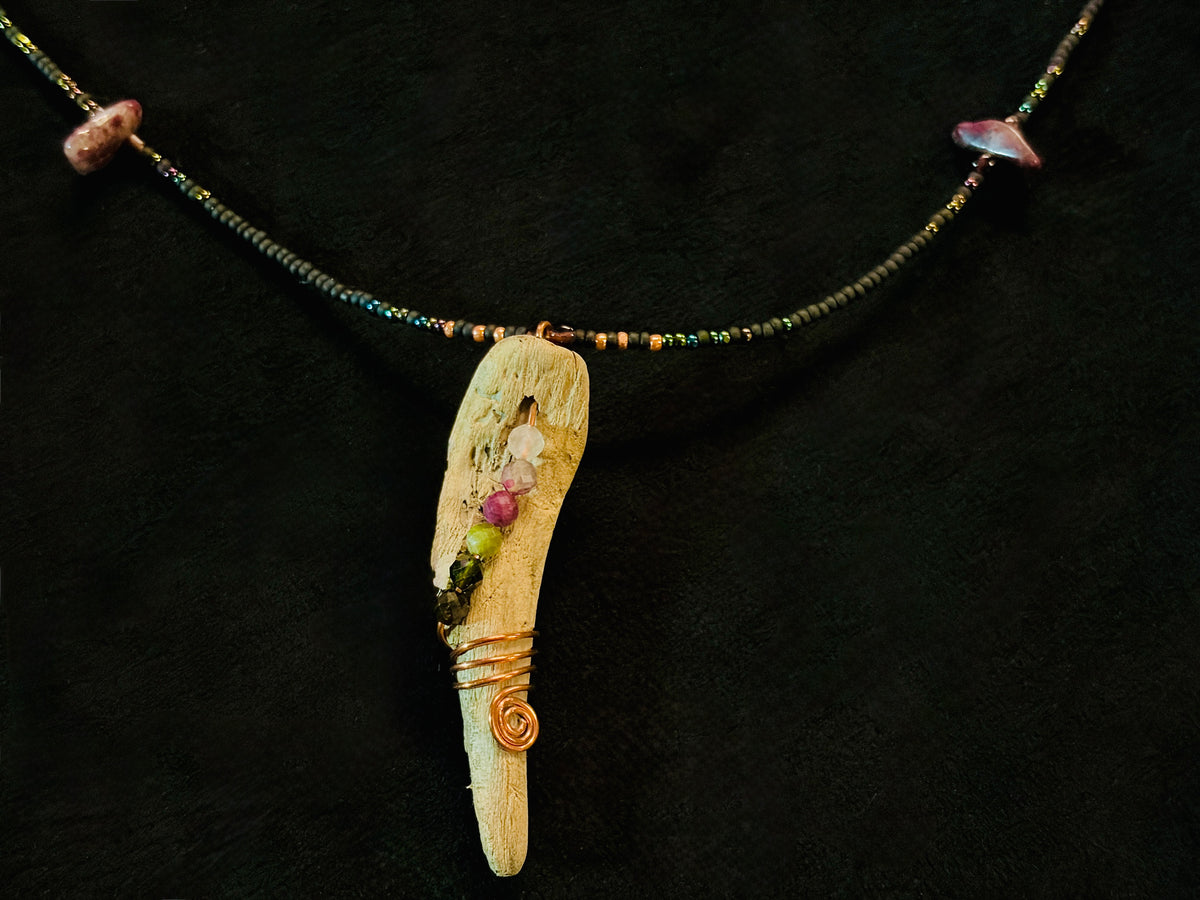Wild Current | Tourmaline & Copper Beaded Drape Necklace with Driftwood Pendant — Handmade