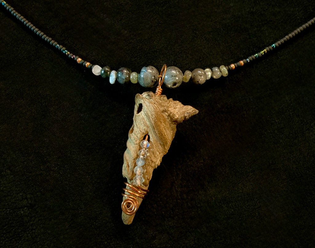 Labradorite & Copper Beaded Drape Necklace with Driftwood Pendant — Handmade