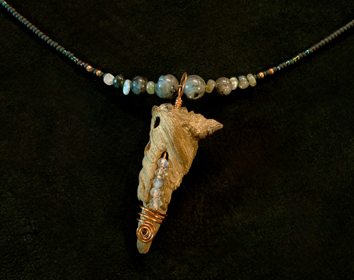 Labradorite & Copper Beaded Drape Necklace with Driftwood Pendant — Handmade