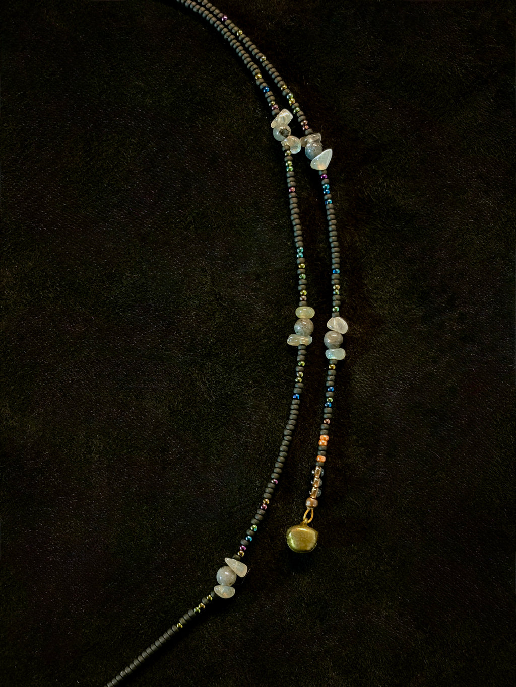 Labradorite & Copper Beaded Drape Necklace with Driftwood Pendant — Handmade