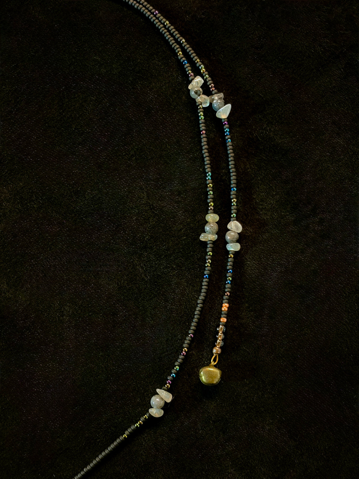Labradorite & Copper Beaded Drape Necklace with Driftwood Pendant — Handmade