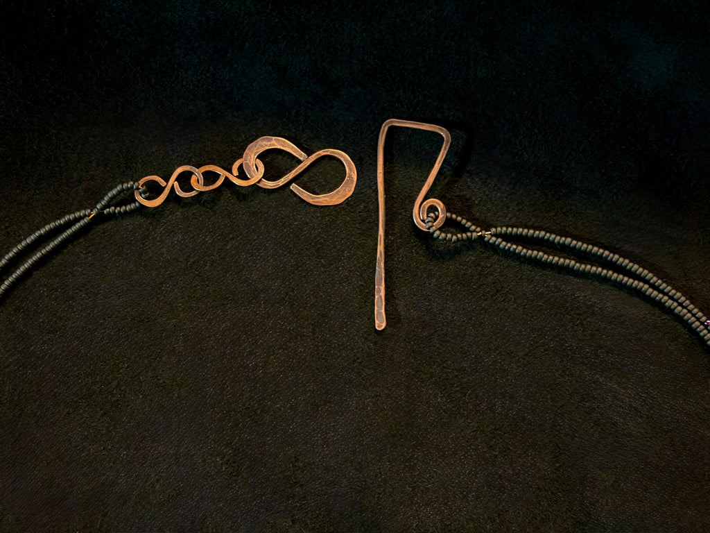 Labradorite & Copper Beaded Drape Necklace with Driftwood Pendant — Handmade