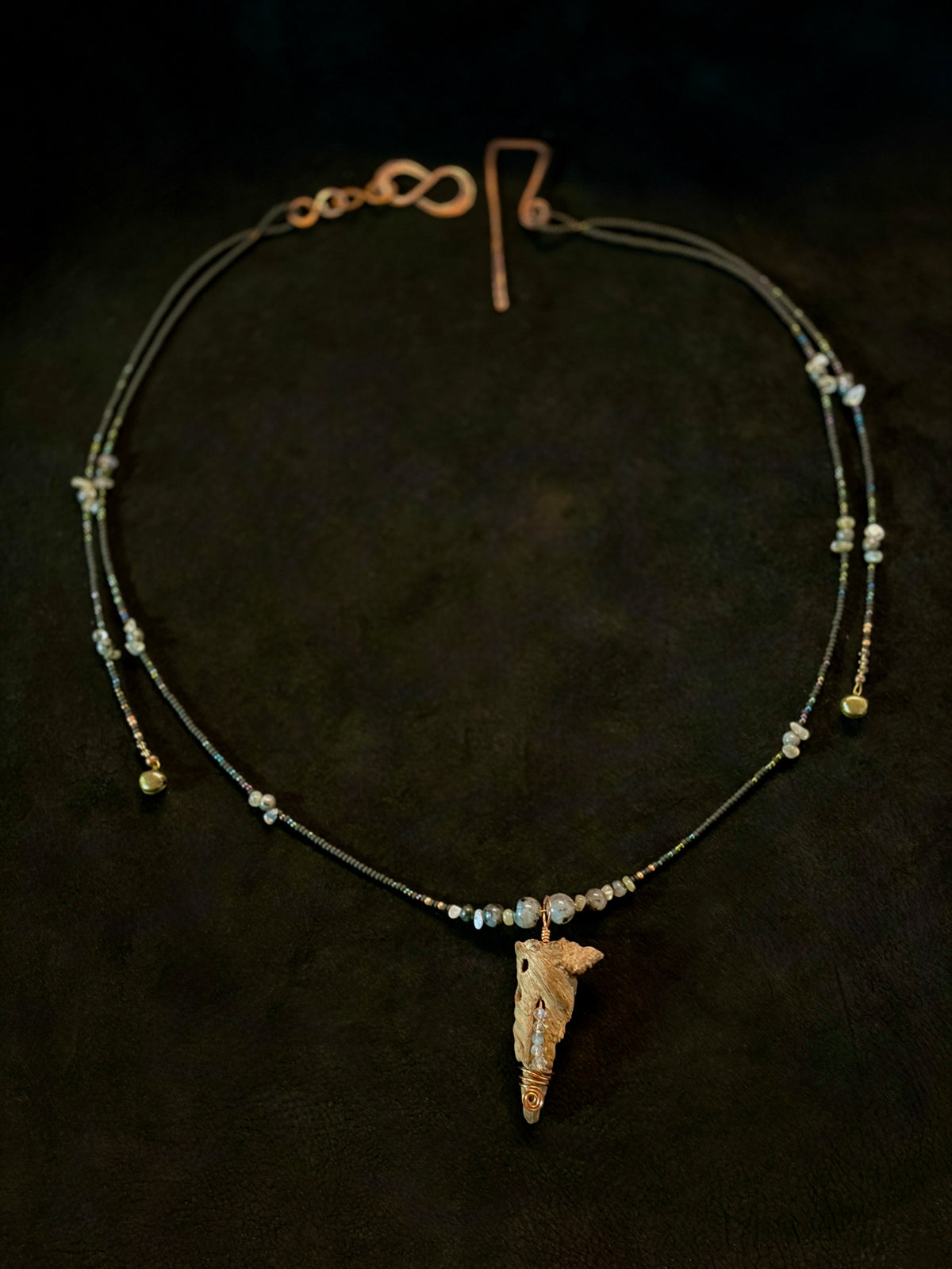 Labradorite & Copper Beaded Drape Necklace with Driftwood Pendant — Handmade