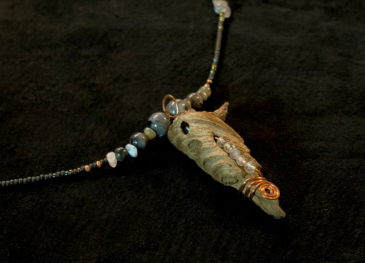 Labradorite & Copper Beaded Drape Necklace with Driftwood Pendant — Handmade