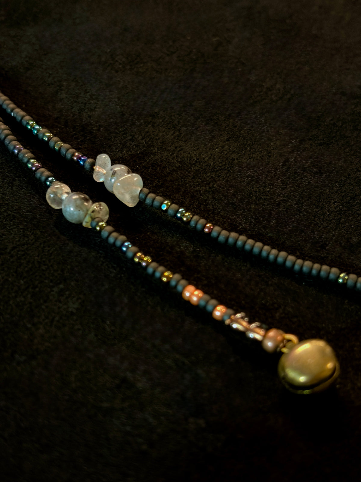 Labradorite & Copper Beaded Drape Necklace with Driftwood Pendant — Handmade