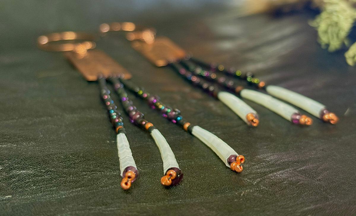 Nocturne | Etched Copper & Dentalium Beaded Fringe Earrings | Cedar