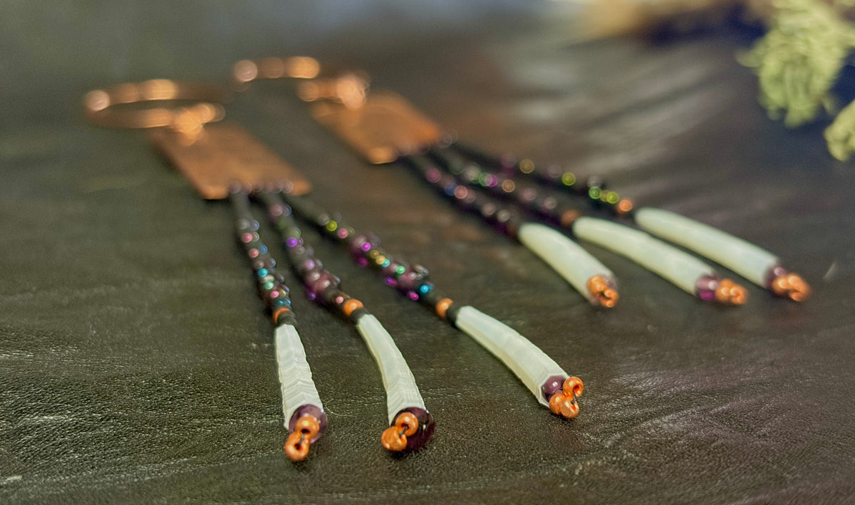 Nocturne | Etched Copper & Dentalium Beaded Fringe Earrings | Rowan