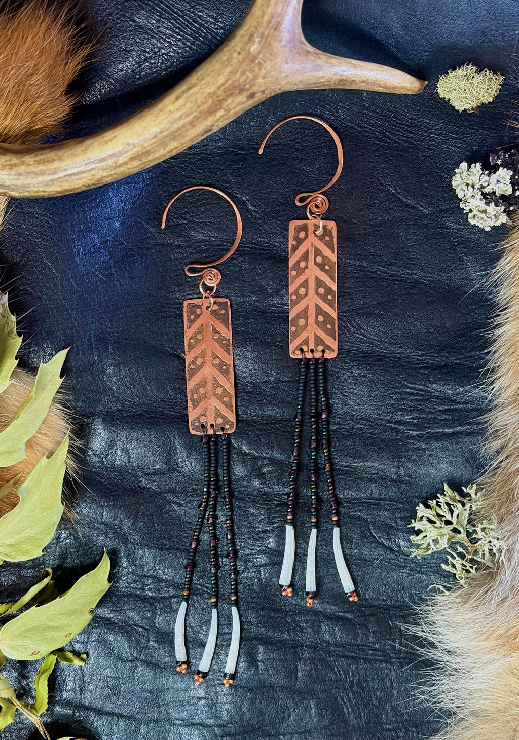 Nocturne | Etched Copper & Dentalium Beaded Fringe Earrings | Rowan