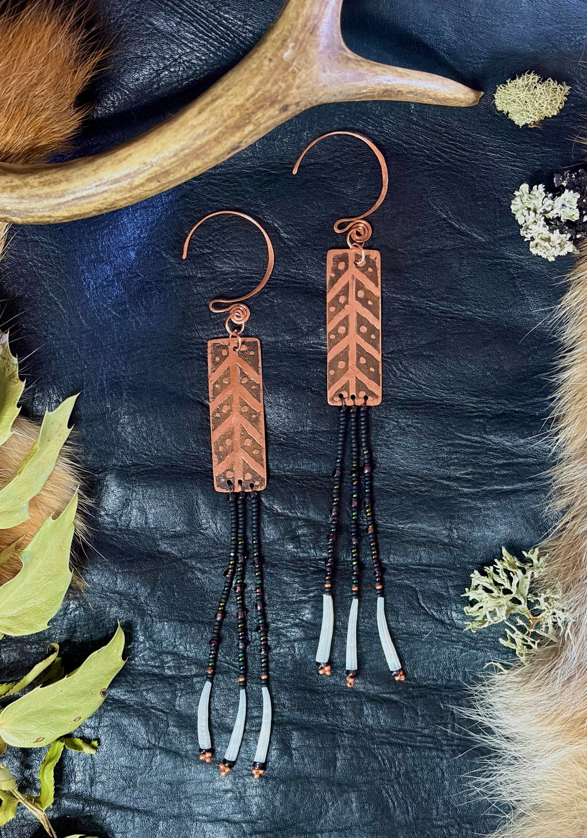 Nocturne | Etched Copper & Dentalium Beaded Fringe Earrings | Rowan