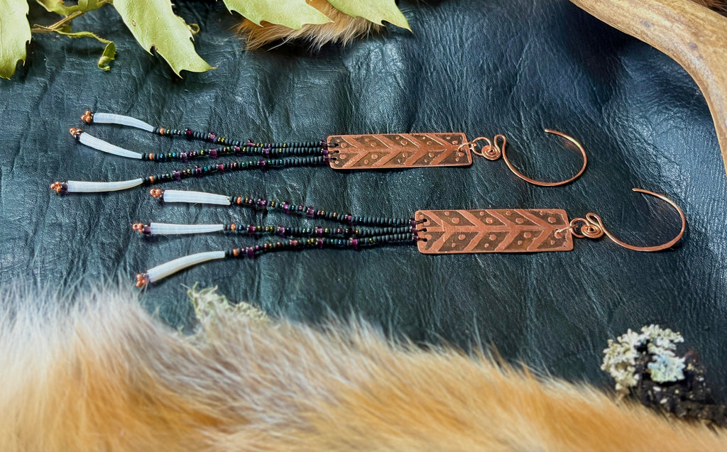 Nocturne | Etched Copper & Dentalium Beaded Fringe Earrings | Rowan