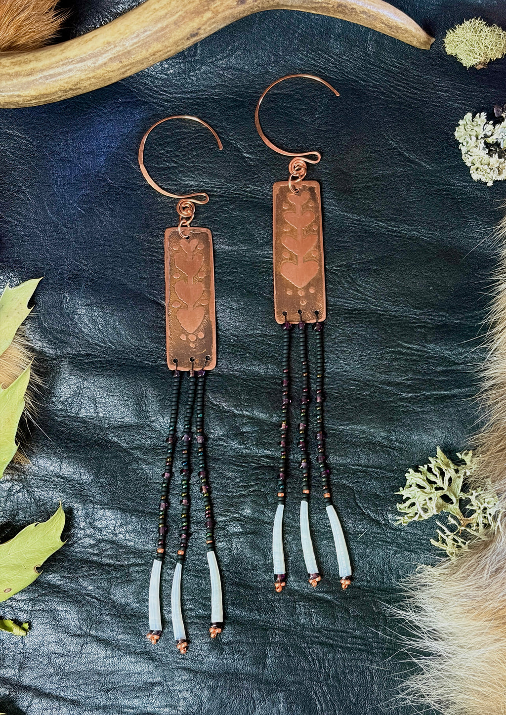 Nocturne | Etched Copper & Dentalium Beaded Fringe Earrings | Ember