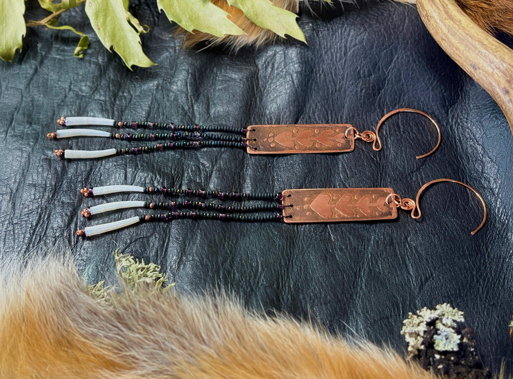 Nocturne | Etched Copper & Dentalium Beaded Fringe Earrings | Ember