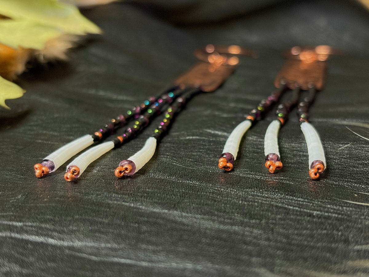 Nocturne | Etched Copper & Dentalium Beaded Fringe Earrings | Ember