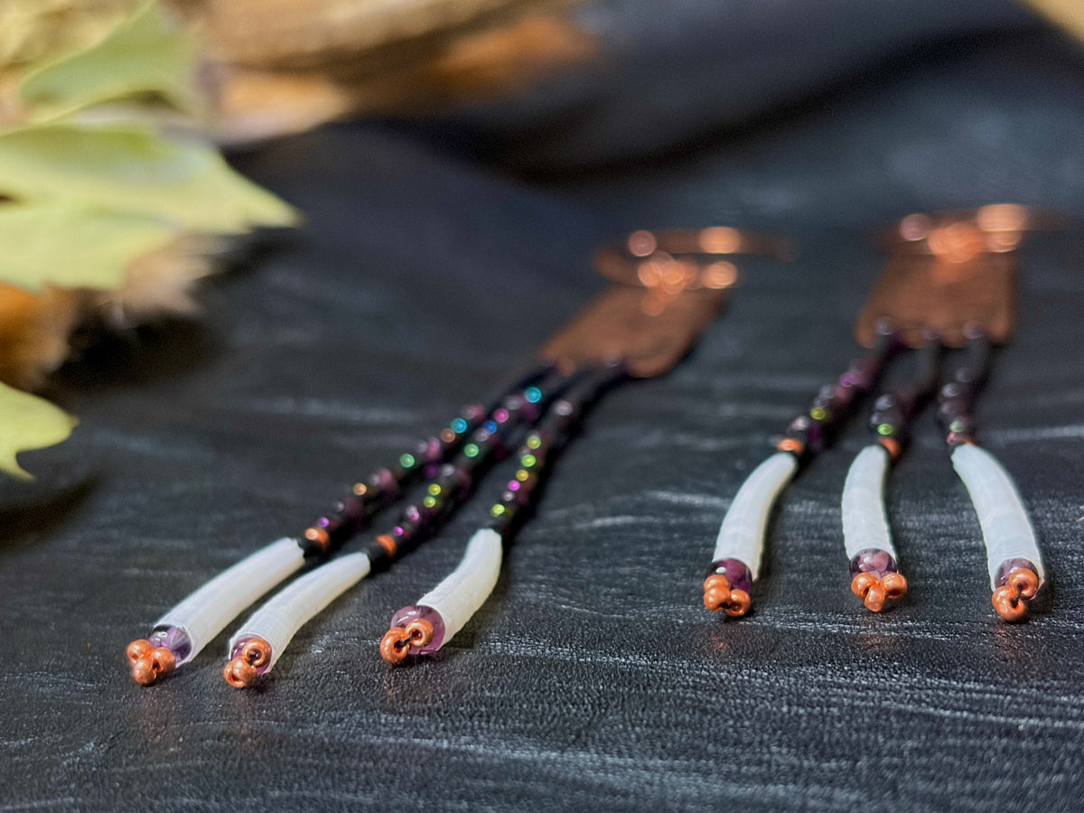 Nocturne | Etched Copper & Dentalium Beaded Fringe Earrings | Ember