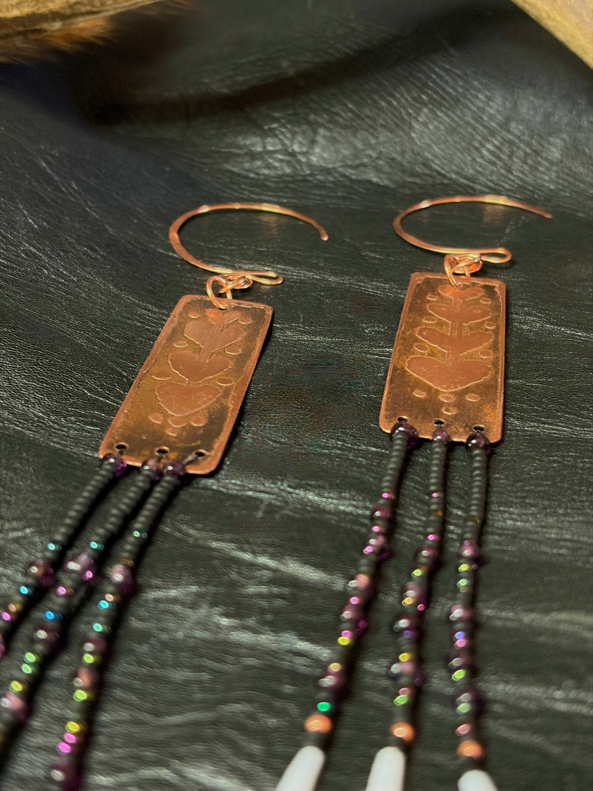 Nocturne | Etched Copper & Dentalium Beaded Fringe Earrings | Ember