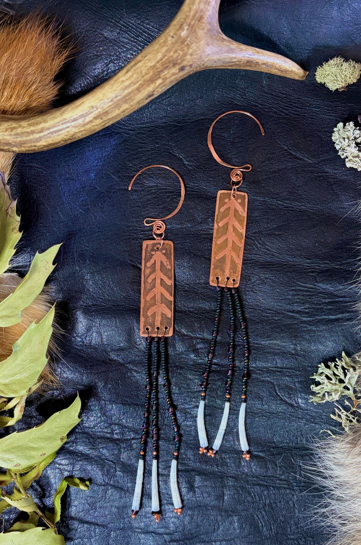 Nocturne | Etched Copper & Dentalium Beaded Fringe Earrings | Cedar