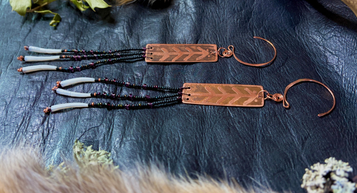 Nocturne | Etched Copper & Dentalium Beaded Fringe Earrings | Cedar