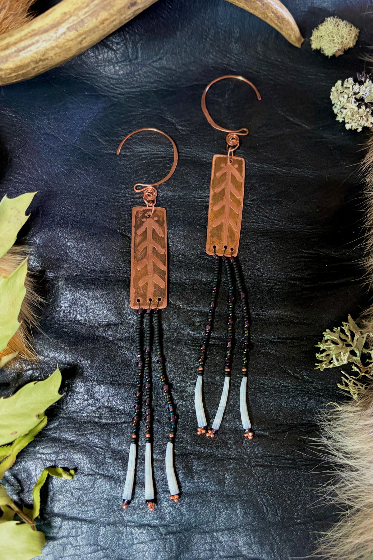 Nocturne | Etched Copper & Dentalium Beaded Fringe Earrings | Cedar