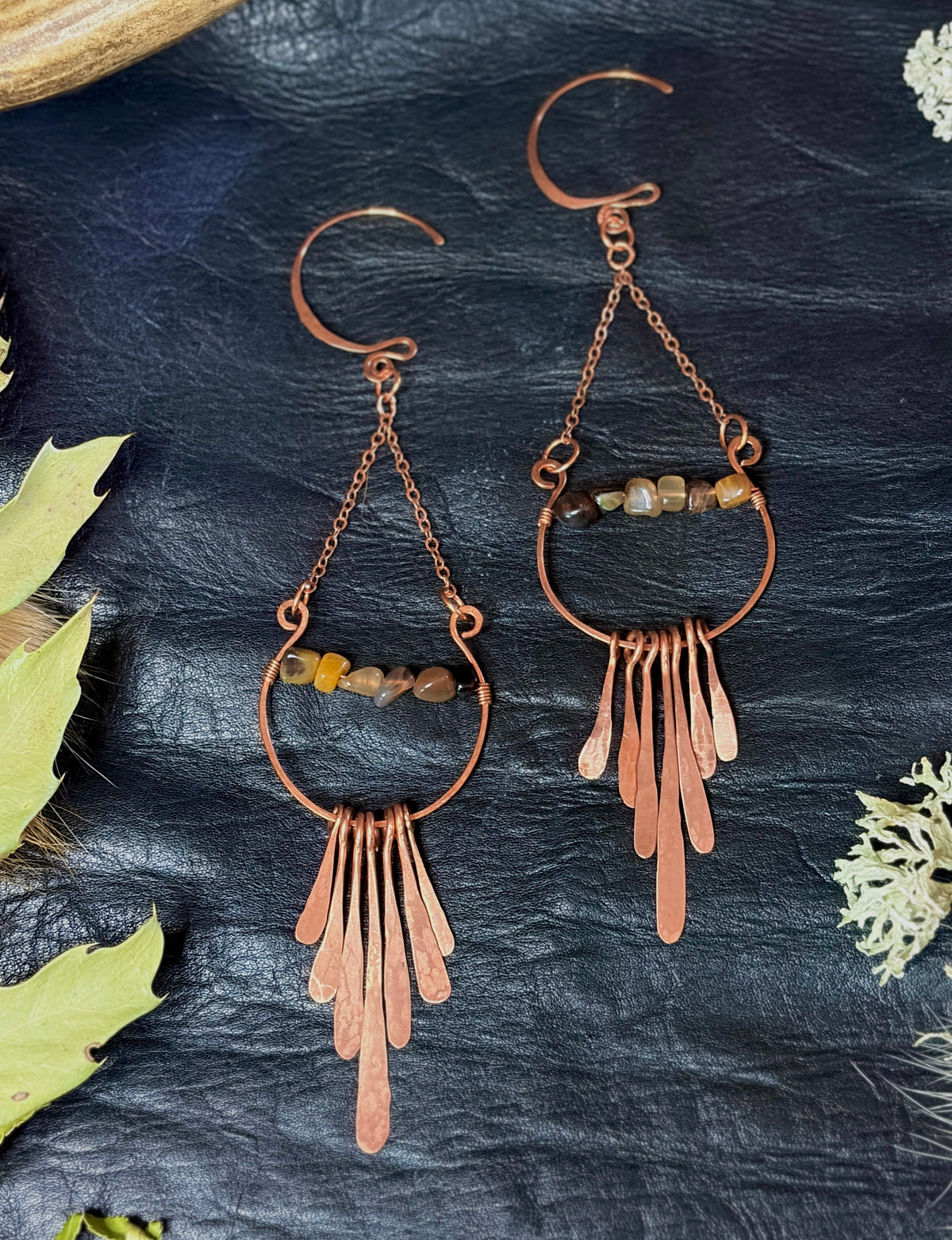 Botswana Agate & Hammered Copper Chandelier Earrings | Handmade