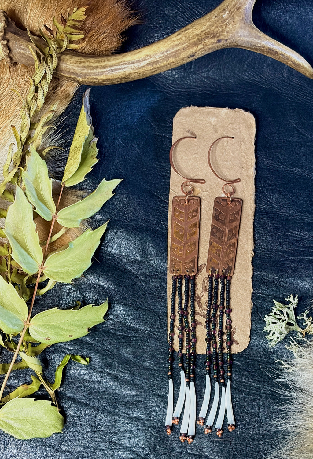 Nocturne | Etched Copper & Dentalium Beaded Fringe Earrings | Thorn