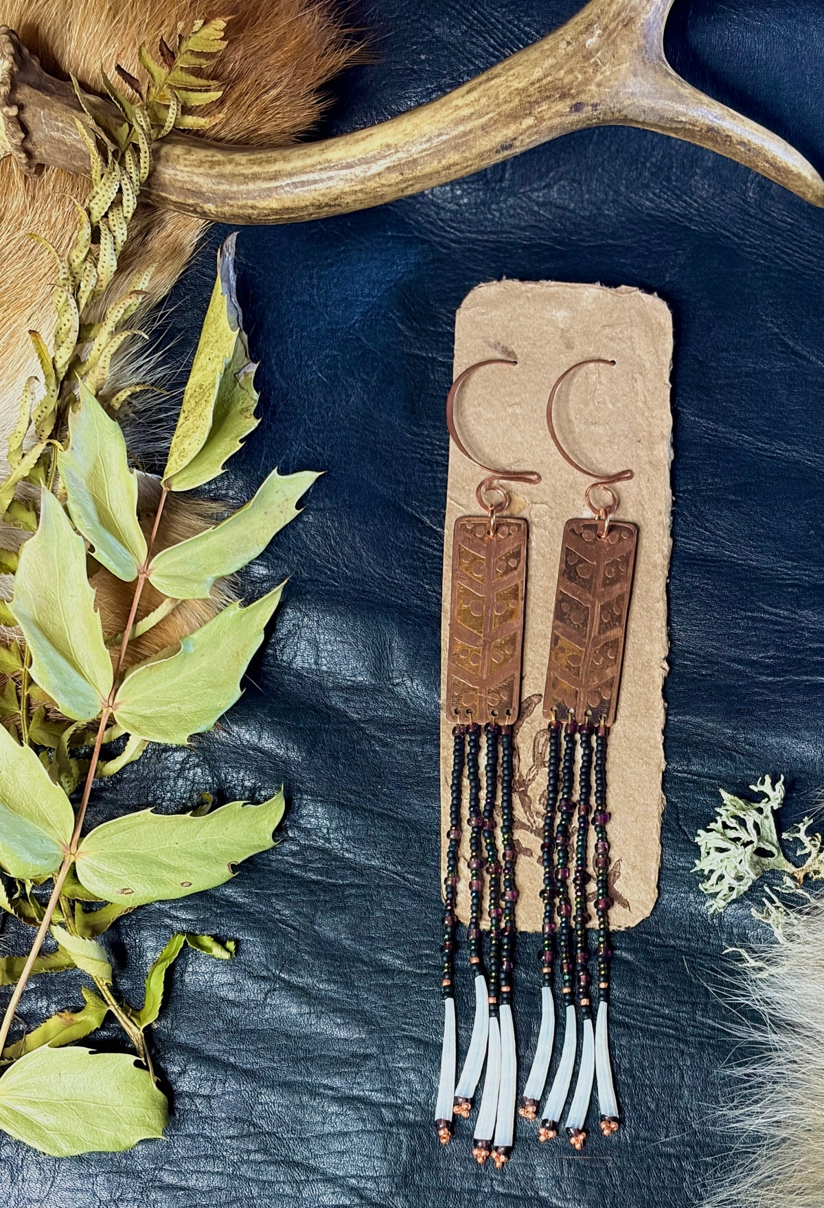 Nocturne | Etched Copper & Dentalium Beaded Fringe Earrings | Thorn