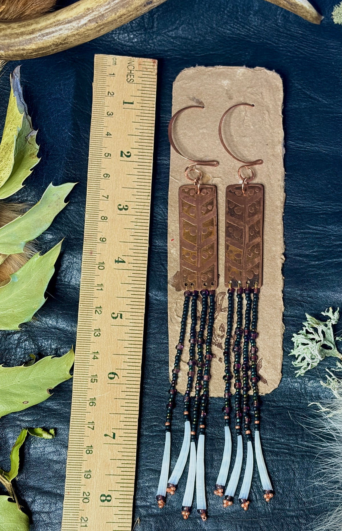 Nocturne | Etched Copper & Dentalium Beaded Fringe Earrings | Thorn