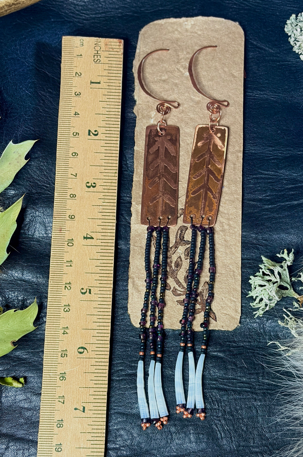 Nocturne | Etched Copper & Dentalium Beaded Fringe Earrings | Cedar