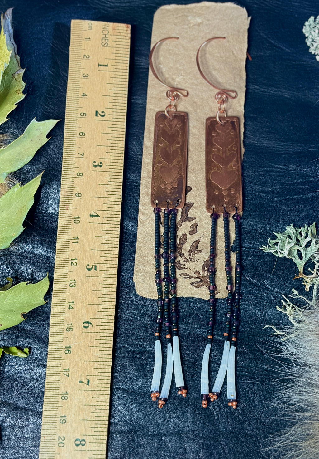 Nocturne | Etched Copper & Dentalium Beaded Fringe Earrings | Ember