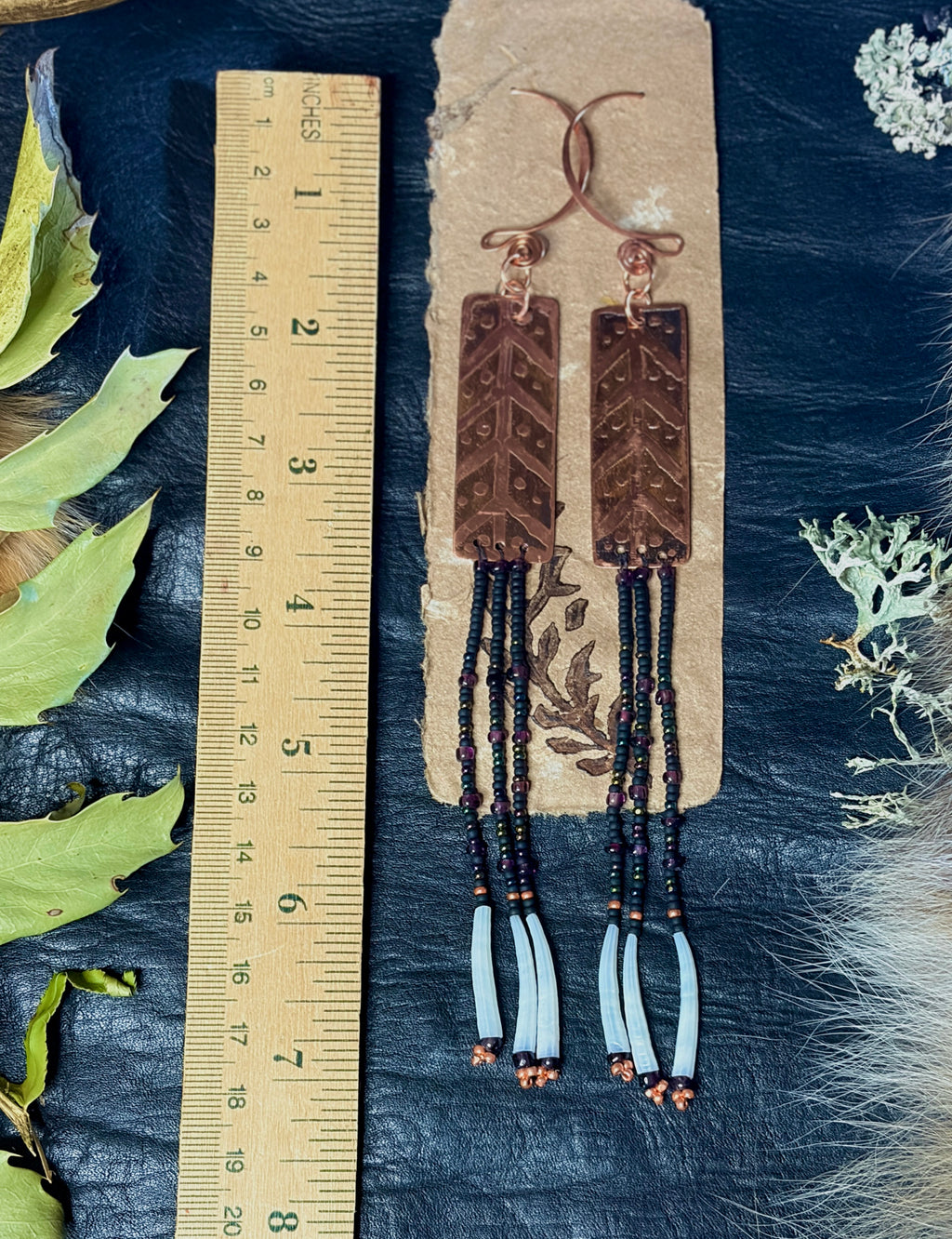 Nocturne | Etched Copper & Dentalium Beaded Fringe Earrings | Rowan
