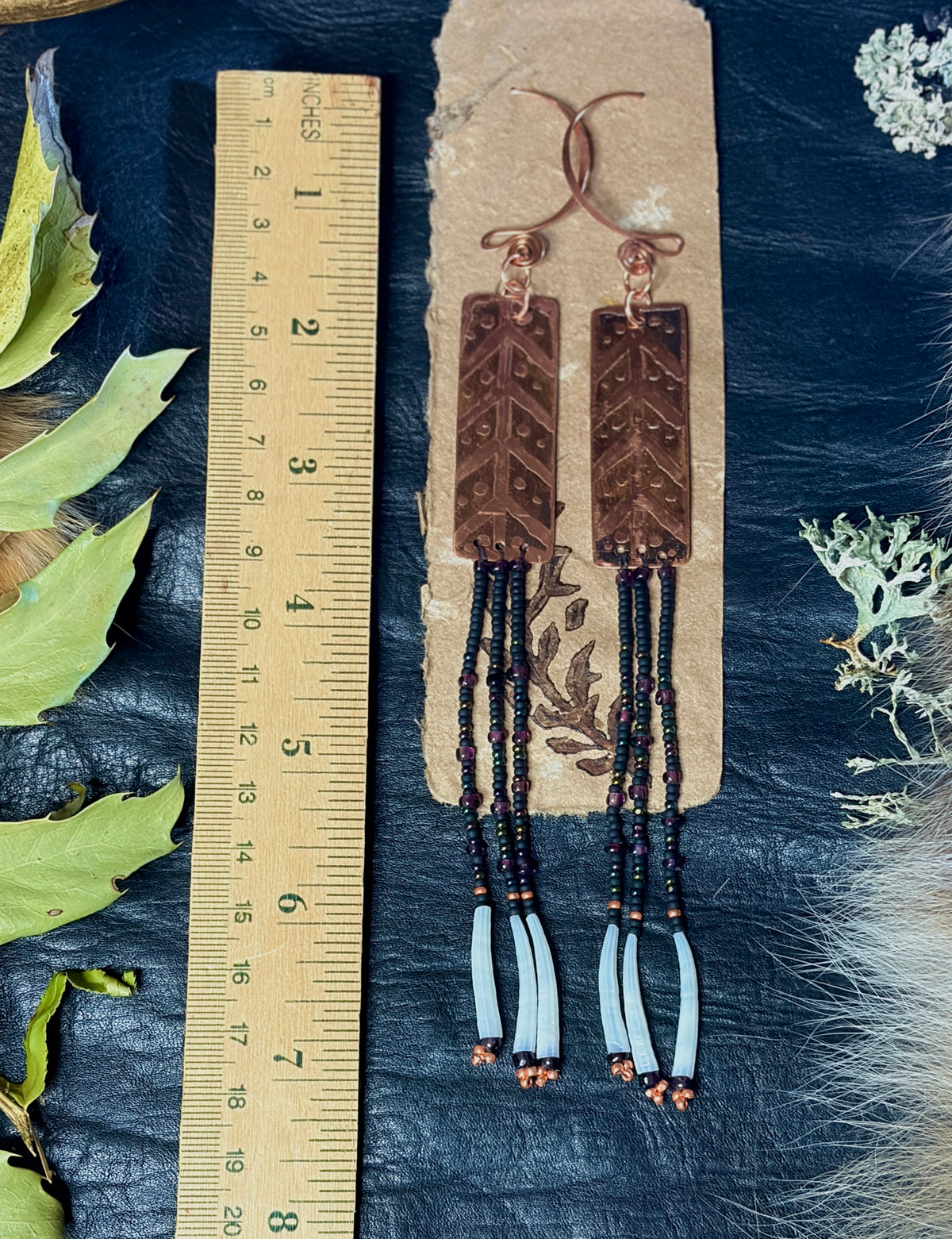 Nocturne | Etched Copper & Dentalium Beaded Fringe Earrings | Rowan