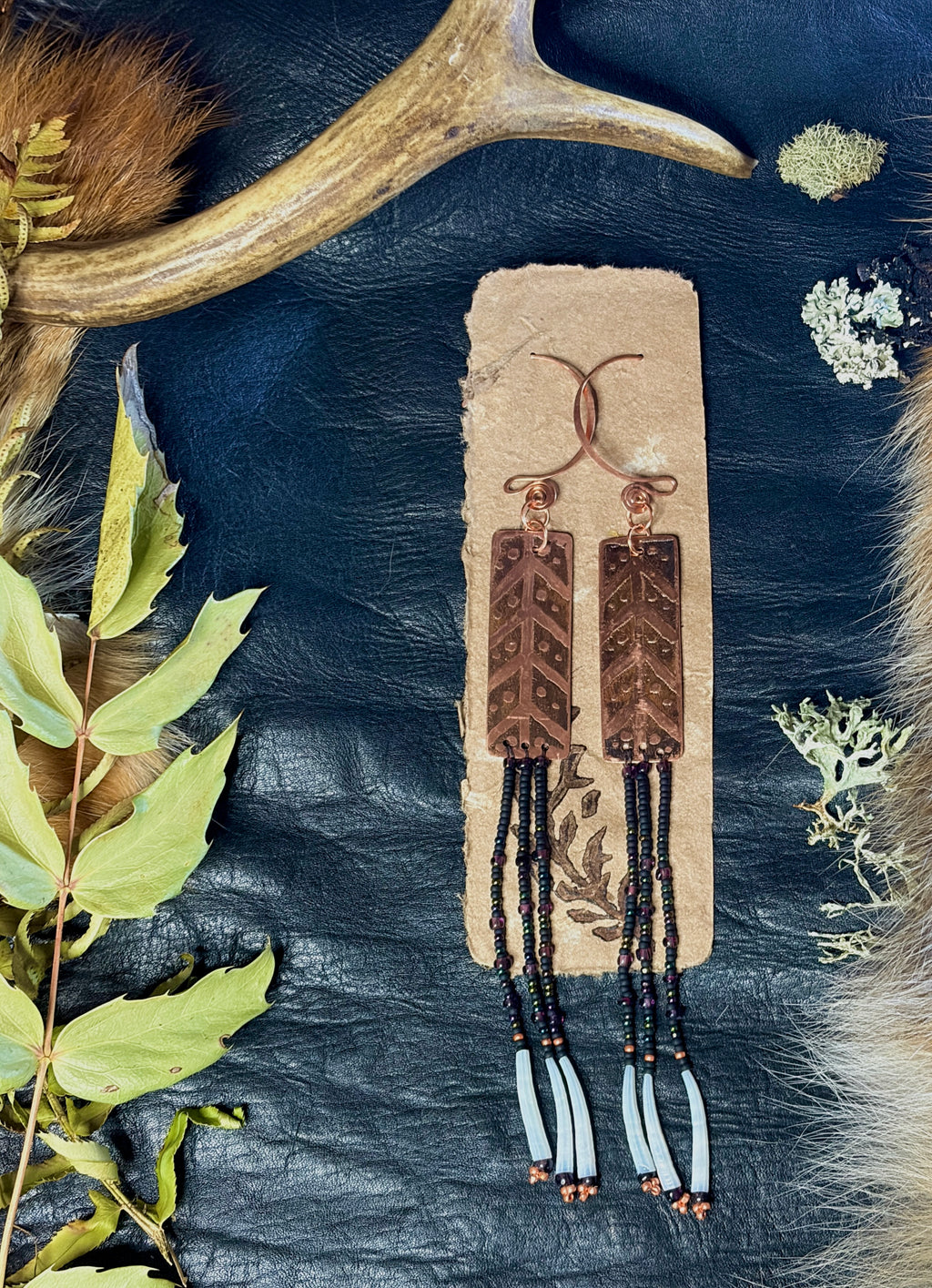 Nocturne | Etched Copper & Dentalium Beaded Fringe Earrings | Rowan