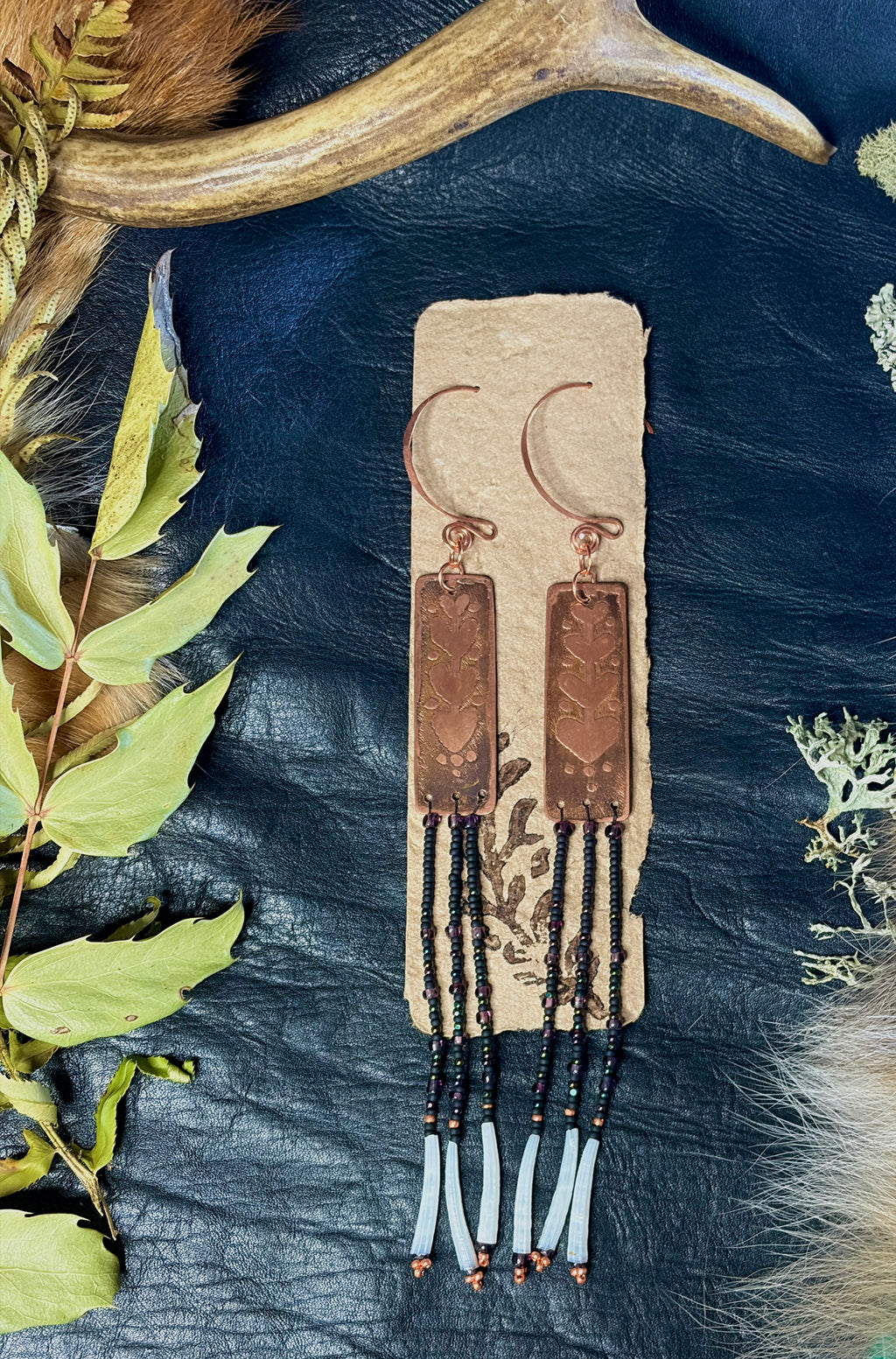 Nocturne | Etched Copper & Dentalium Beaded Fringe Earrings | Ember