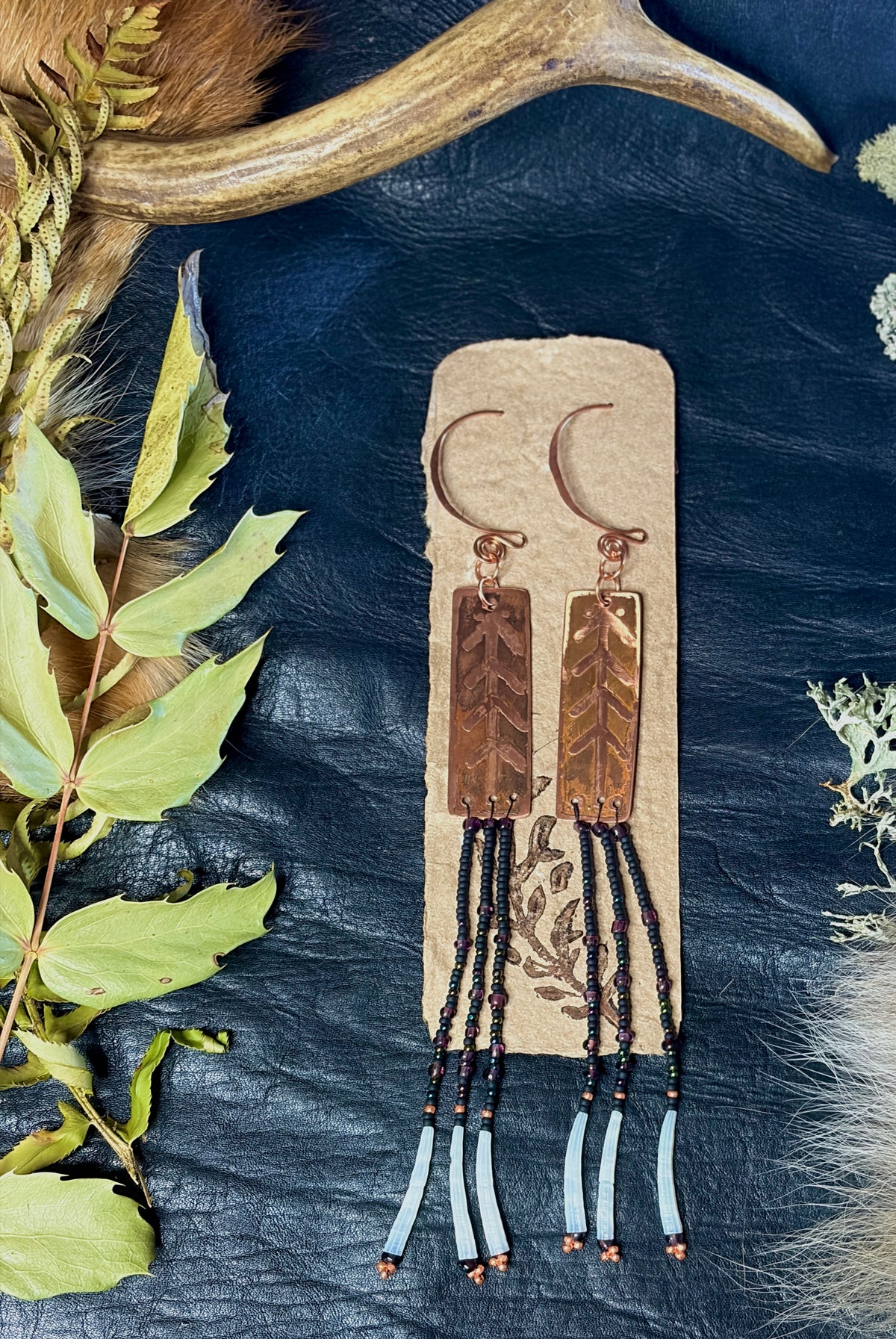 Nocturne | Etched Copper & Dentalium Beaded Fringe Earrings | Cedar